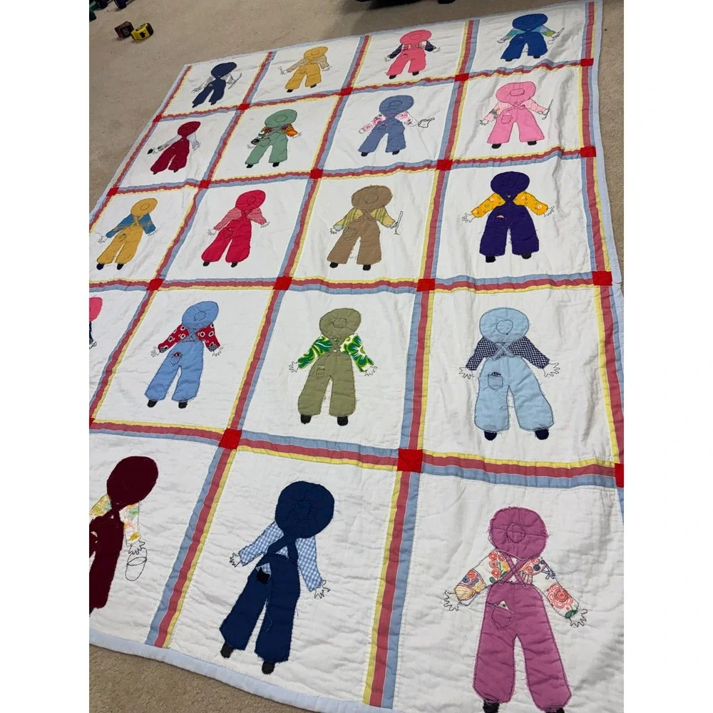 Vintage Handmade Sunbonnet Sue Overall Sam Applique Quilt Multi Color 86x68